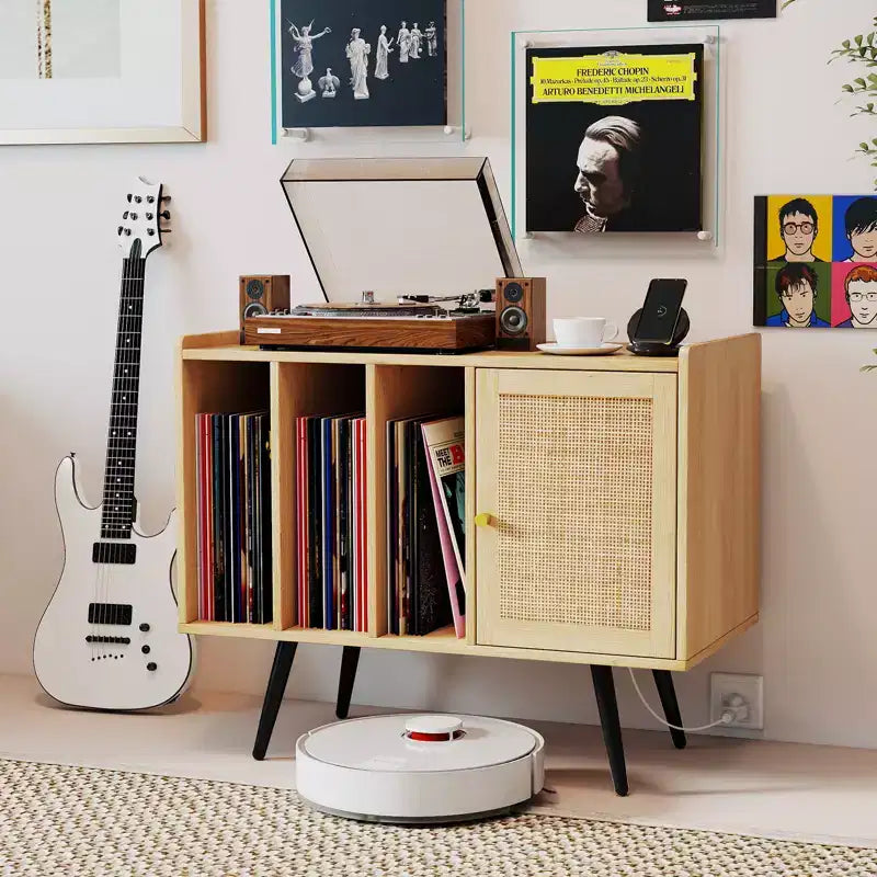 Record Player Stand w/ Charging Station & Rattan Cabinet Adjustable Shelf