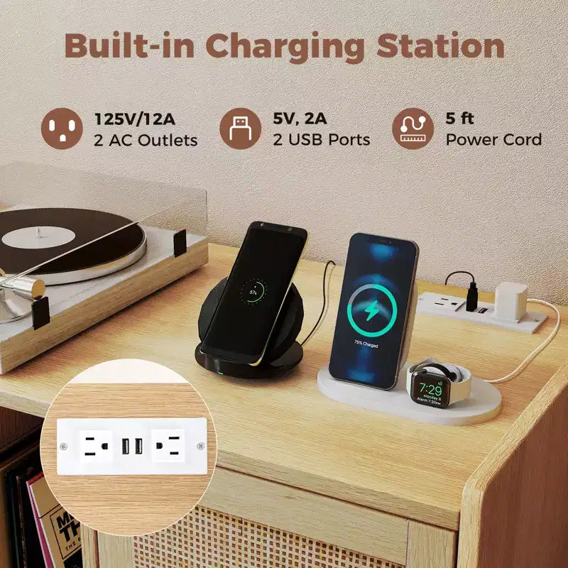 Record Player Stand w/ Charging Station & Rattan Cabinet Adjustable Shelf