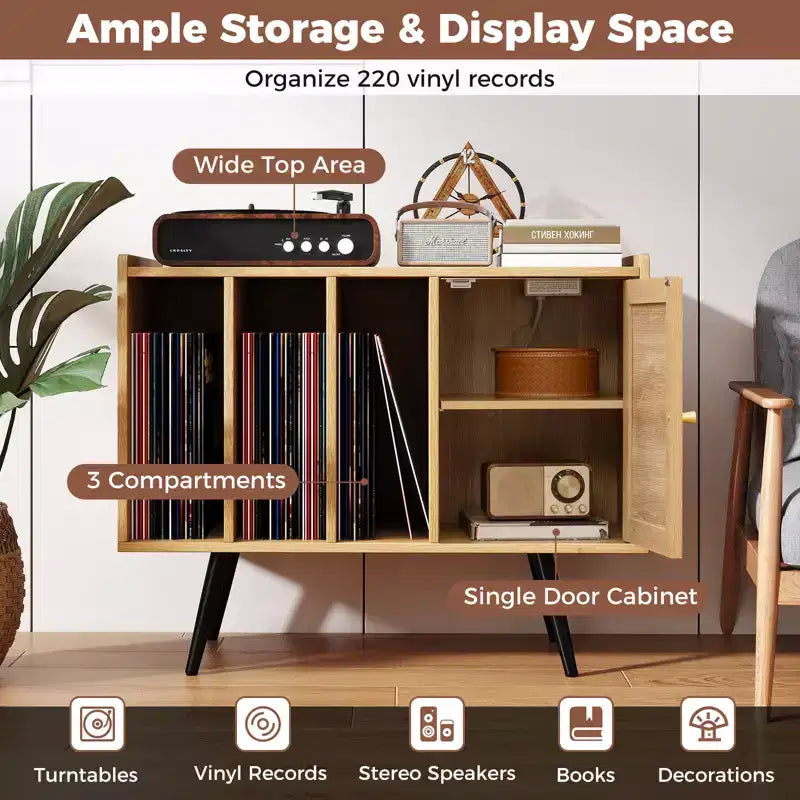 Record Player Stand w/ Charging Station & Rattan Cabinet Adjustable Shelf