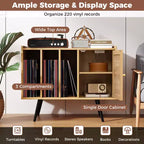 Record Player Stand w/ Charging Station & Rattan Cabinet Adjustable Shelf