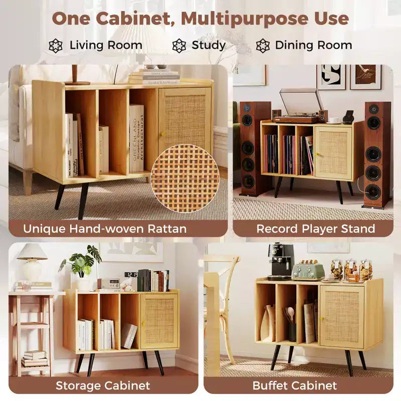 Record Player Stand w/ Charging Station & Rattan Cabinet Adjustable Shelf