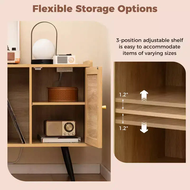 Record Player Stand w/ Charging Station & Rattan Cabinet Adjustable Shelf