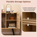 Record Player Stand w/ Charging Station & Rattan Cabinet Adjustable Shelf