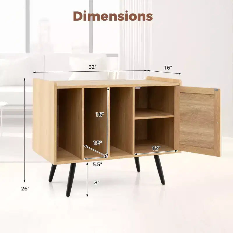 Record Player Stand w/ Charging Station & Rattan Cabinet Adjustable Shelf