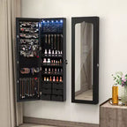 Wall Door Mounted LED Mirror Jewelry Cabinet Lockable Armoire w/6 Drawers Black