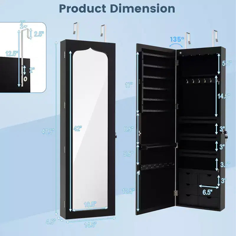 Wall Door Mounted LED Mirror Jewelry Cabinet Lockable Armoire w/6 Drawers Black