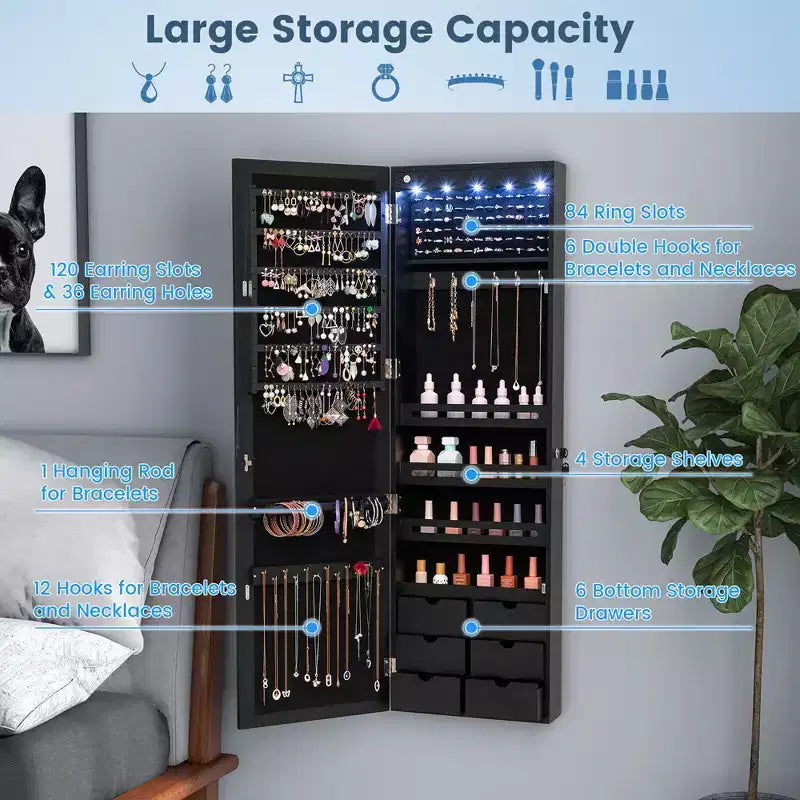 Wall Door Mounted LED Mirror Jewelry Cabinet Lockable Armoire w/6 Drawers Black