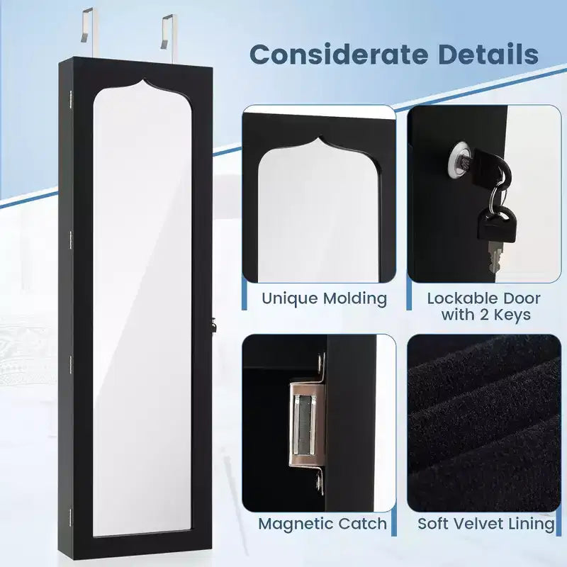 Wall Door Mounted LED Mirror Jewelry Cabinet Lockable Armoire w/6 Drawers Black
