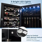 Wall Door Mounted LED Mirror Jewelry Cabinet Lockable Armoire w/6 Drawers Black