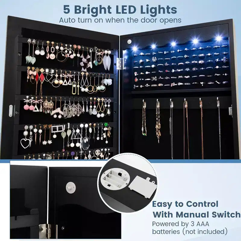 Wall Door Mounted LED Mirror Jewelry Cabinet Lockable Armoire w/6 Drawers Black