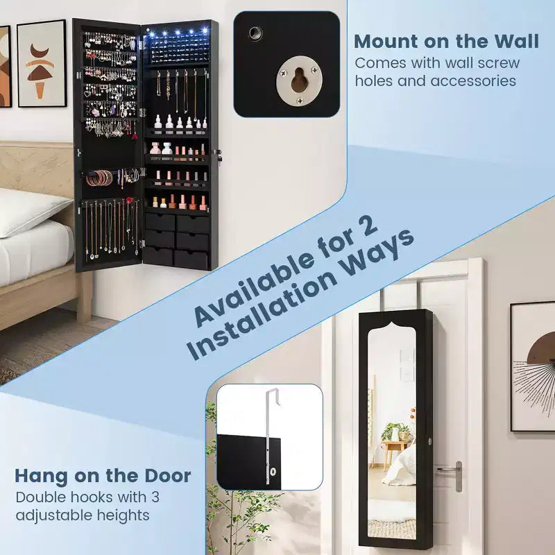 Wall Door Mounted LED Mirror Jewelry Cabinet Lockable Armoire w/6 Drawers Black