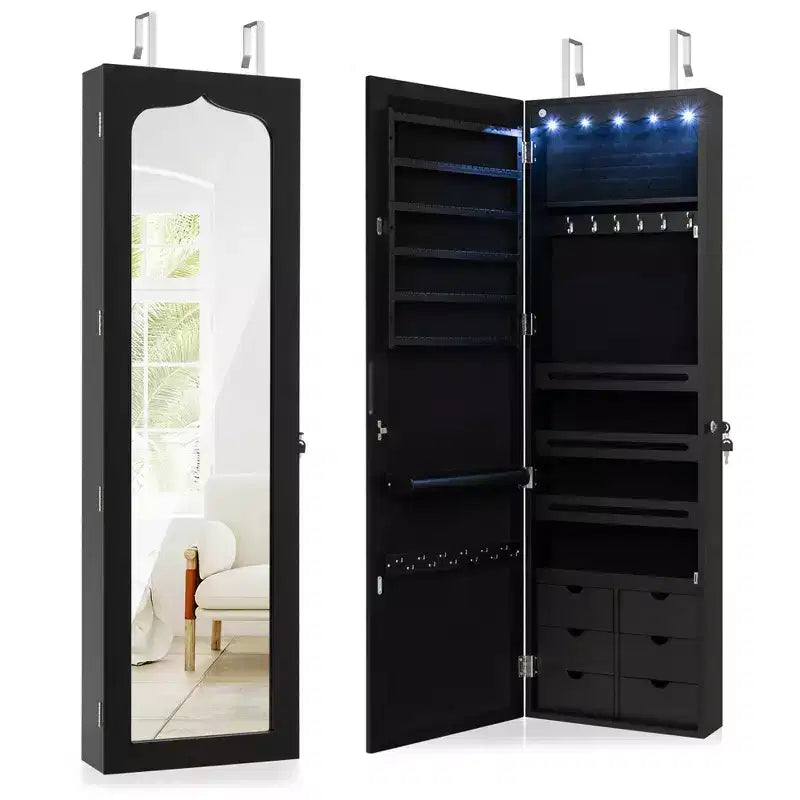 Wall Door Mounted LED Mirror Jewelry Cabinet Lockable Armoire w/6 Drawers Black