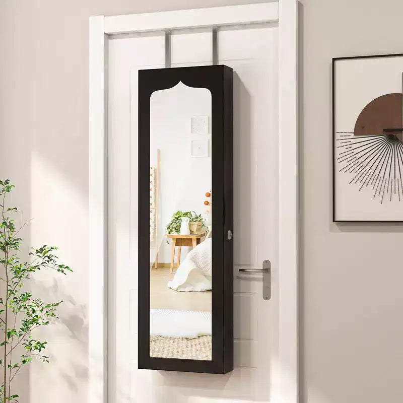 Wall Door Mounted LED Mirror Jewelry Cabinet Lockable Armoire w/6 Drawers Black