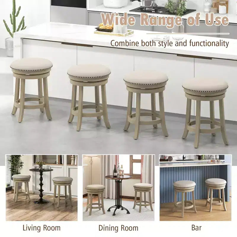 24 Swivel Bar Stools Set of 2 Round Counter Height Barstools w/ Wooden Frame