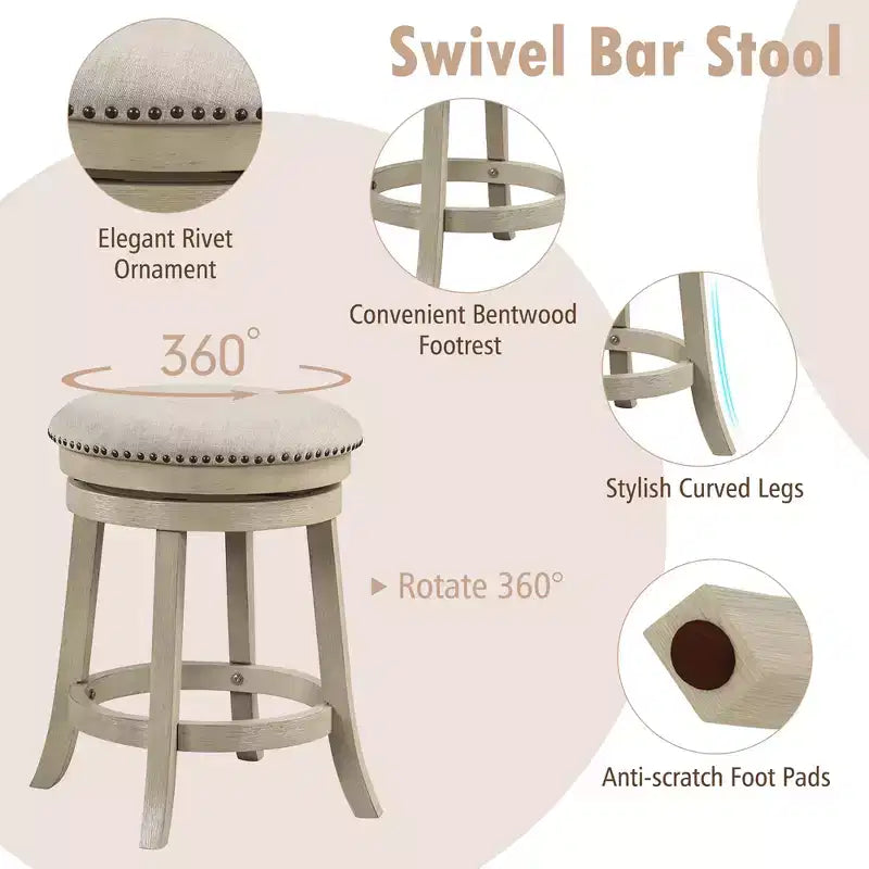 24 Swivel Bar Stools Set of 2 Round Counter Height Barstools w/ Wooden Frame