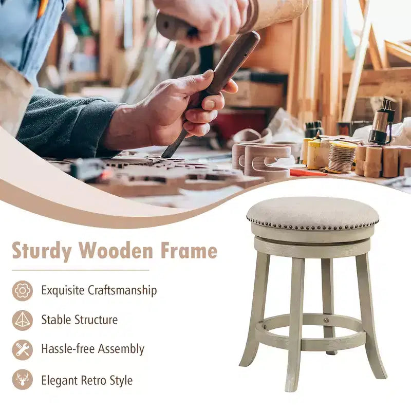 24 Swivel Bar Stools Set of 2 Round Counter Height Barstools w/ Wooden Frame