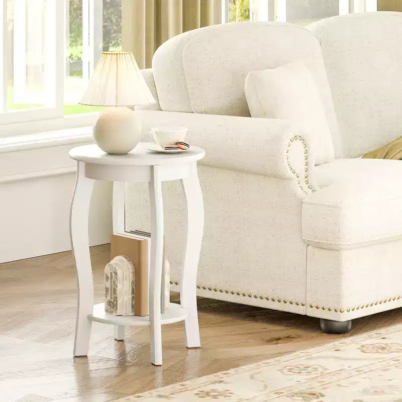 2-Tier Round End Table Narrow Sofa Side Nightstand w/ Storage Shelf & Wood Legs