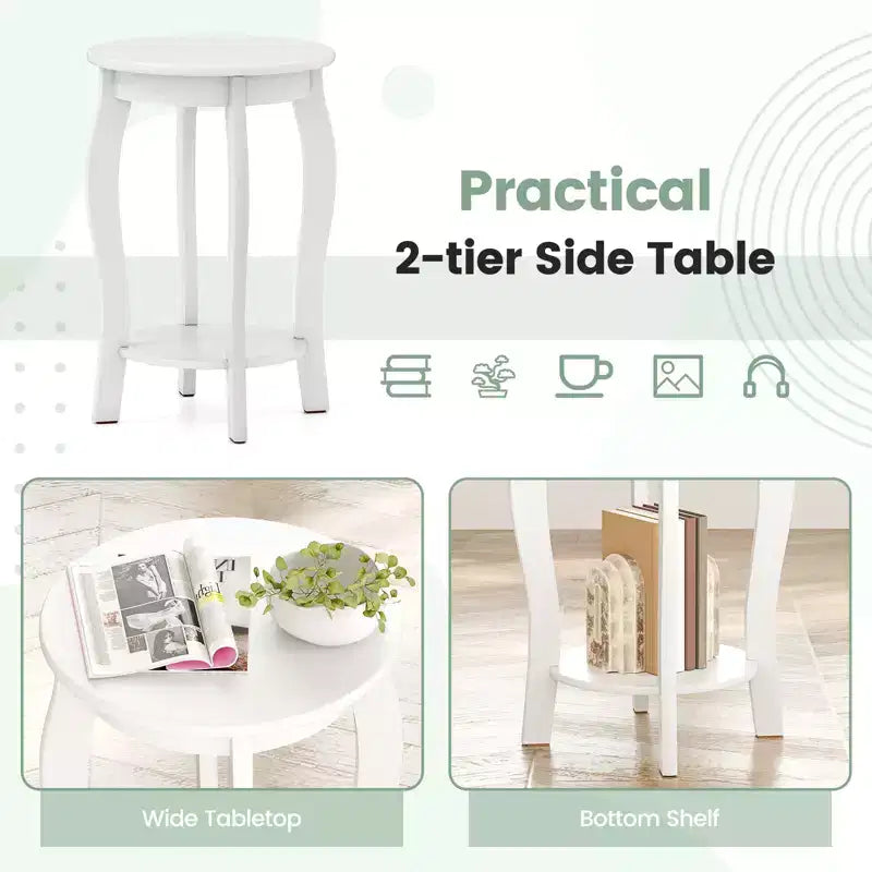 2-Tier Round End Table Narrow Sofa Side Nightstand w/ Storage Shelf & Wood Legs