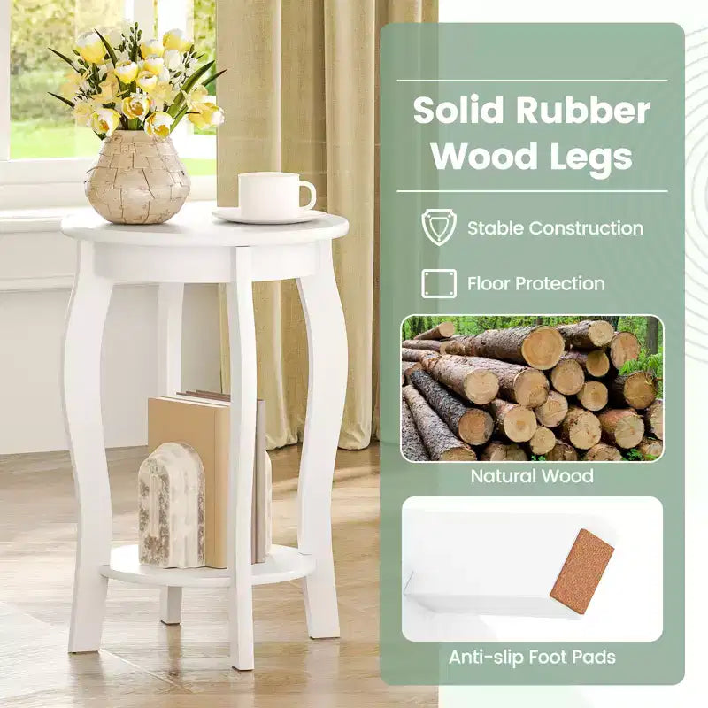 2-Tier Round End Table Narrow Sofa Side Nightstand w/ Storage Shelf & Wood Legs