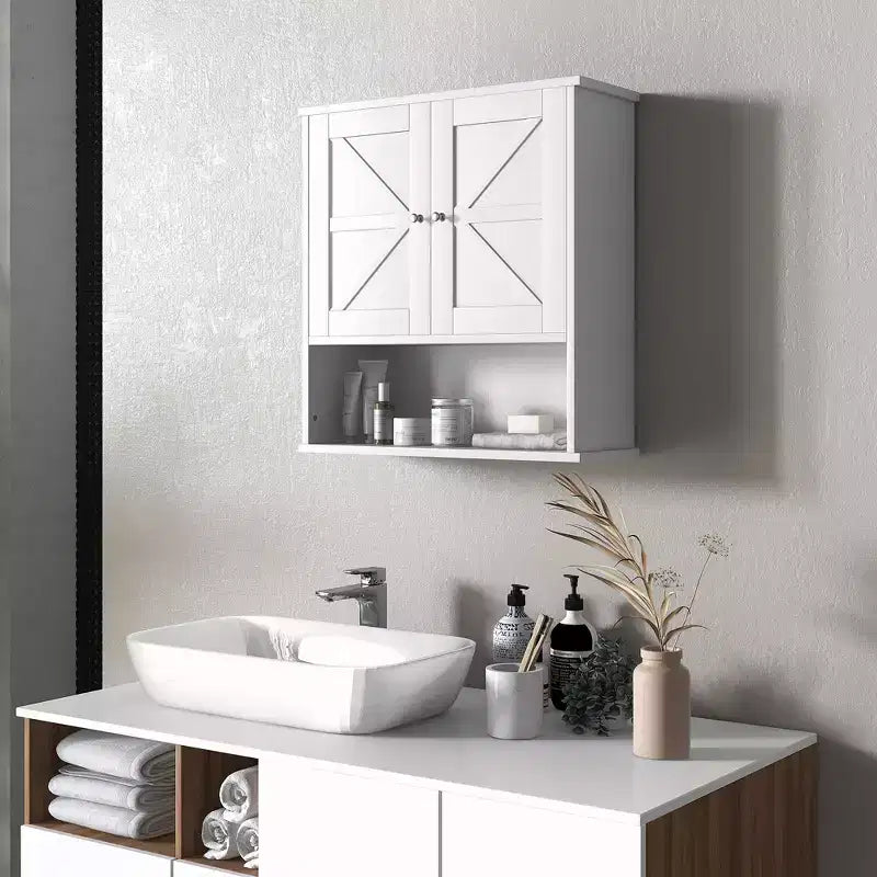 Farmhouse Bathroom Medicine Cabinet, Wall Cabinet with Barn Doors and Adjustable Shelf for Laundry Room