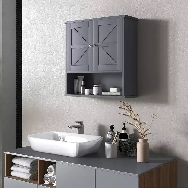 Farmhouse Bathroom Medicine Cabinet, Wall Cabinet with Barn Doors and Adjustable Shelf for Laundry Room