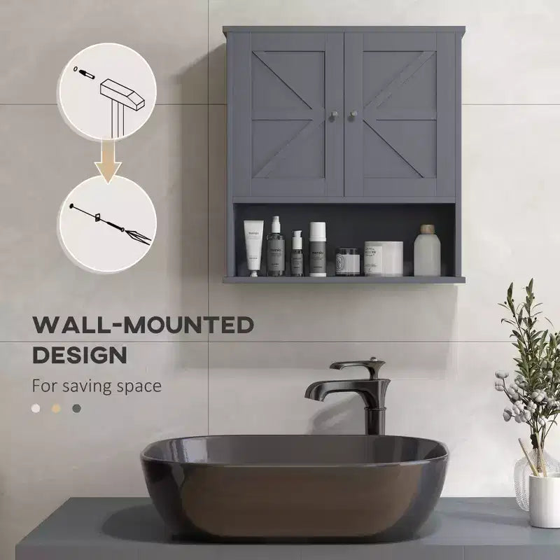 Farmhouse Bathroom Medicine Cabinet, Wall Cabinet with Barn Doors and Adjustable Shelf for Laundry Room