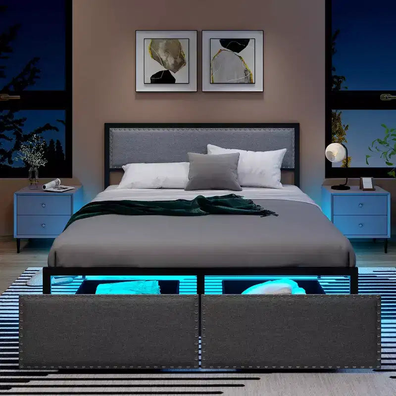 Queen Size Bed Frame w/ 2 Storage Drawers LED Lights Slats Support Modern