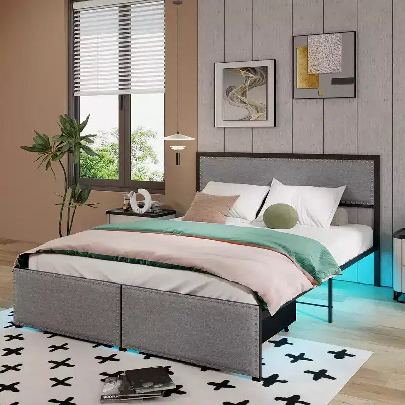 Queen Size Bed Frame w/ 2 Storage Drawers LED Lights Slats Support Modern