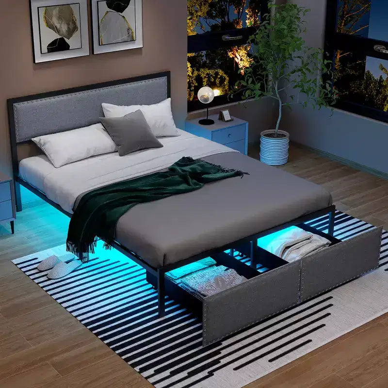 Queen Size Bed Frame w/ 2 Storage Drawers LED Lights Slats Support Modern