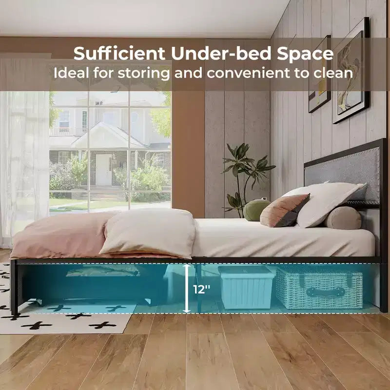 Queen Size Bed Frame w/ 2 Storage Drawers LED Lights Slats Support Modern