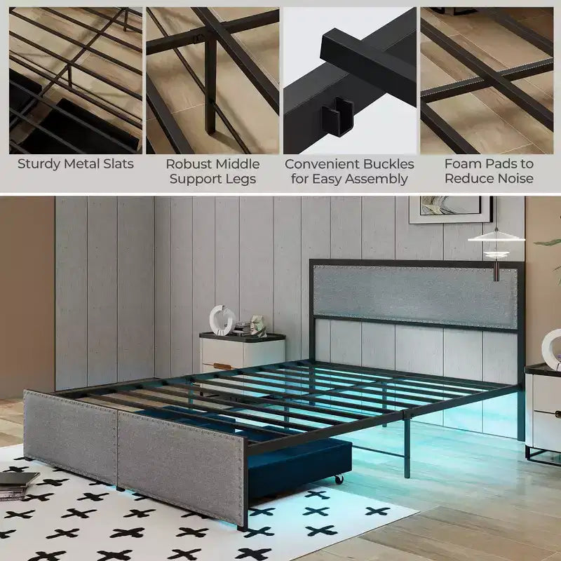 Queen Size Bed Frame w/ 2 Storage Drawers LED Lights Slats Support Modern