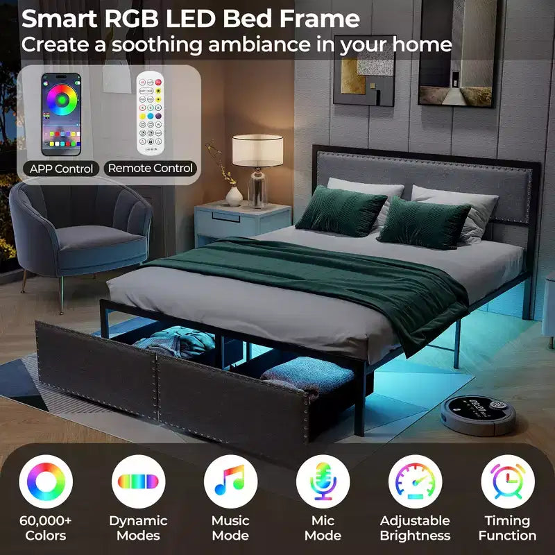 Queen Size Bed Frame w/ 2 Storage Drawers LED Lights Slats Support Modern