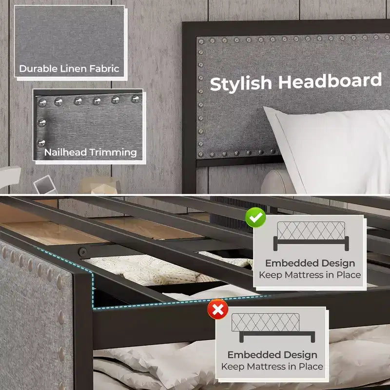 Queen Size Bed Frame w/ 2 Storage Drawers LED Lights Slats Support Modern