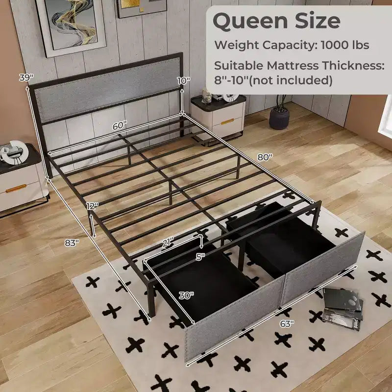 Queen Size Bed Frame w/ 2 Storage Drawers LED Lights Slats Support Modern