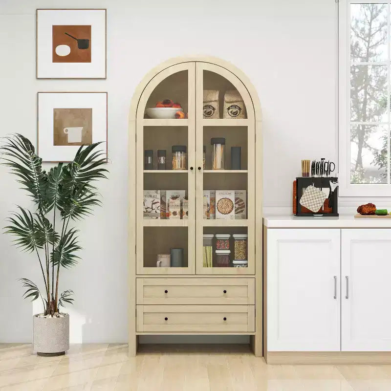 70.28in Tall Arched Kitchen Storage Display Cabinet, Farmhouse Pantry with Adjustable Shelves, Versatile Cupboard for Dining Room Living Room