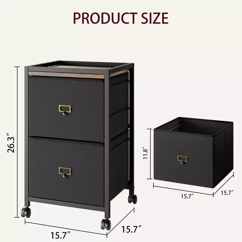 Mobile Filing Cabinet Fits Letter Size or A4, Fabric Vertical File Cabinet on Wheels, Home Office, Small Under Desk Storage Cabinet, Black