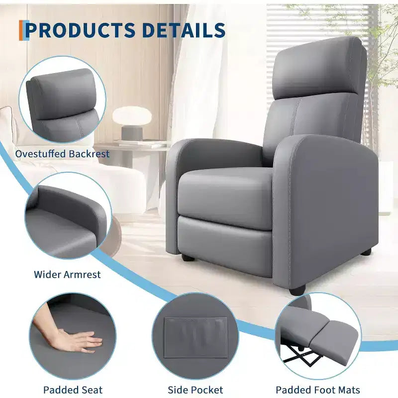 Recliner Chair for Adults,PU Leather Lazy Recliner Ergonomic Adjustable Single Sofa Enhanced with Side Pocket, Tall Back, Wide Arms Padded Seat