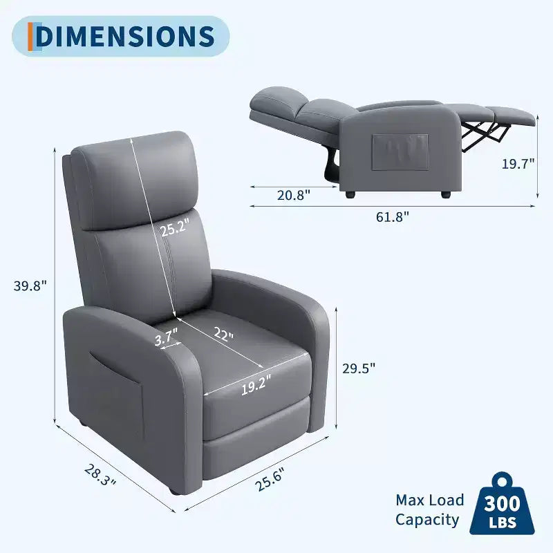 Recliner Chair for Adults,PU Leather Lazy Recliner Ergonomic Adjustable Single Sofa Enhanced with Side Pocket, Tall Back, Wide Arms Padded Seat