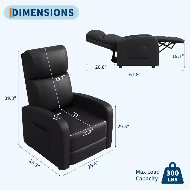 Recliner Chair for Adults,PU Leather Lazy Recliner Ergonomic Adjustable Single Sofa Enhanced with Side Pocket, Tall Back, Wide Arms Padded Seat