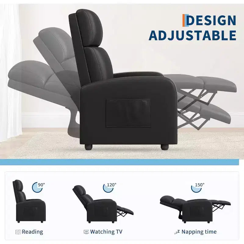 Recliner Chair for Adults,PU Leather Lazy Recliner Ergonomic Adjustable Single Sofa Enhanced with Side Pocket, Tall Back, Wide Arms Padded Seat