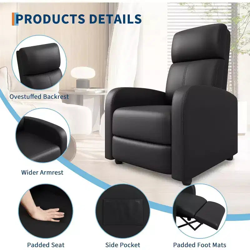 Recliner Chair for Adults,PU Leather Lazy Recliner Ergonomic Adjustable Single Sofa Enhanced with Side Pocket, Tall Back, Wide Arms Padded Seat