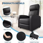 Recliner Chair for Adults,PU Leather Lazy Recliner Ergonomic Adjustable Single Sofa Enhanced with Side Pocket, Tall Back, Wide Arms Padded Seat