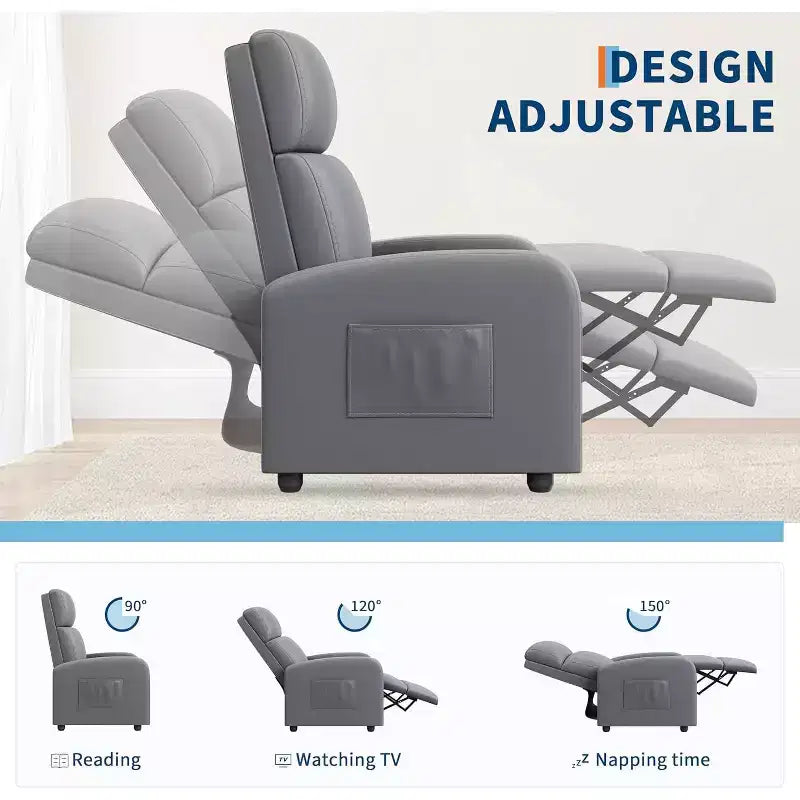 Recliner Chair for Adults,PU Leather Lazy Recliner Ergonomic Adjustable Single Sofa Enhanced with Side Pocket, Tall Back, Wide Arms Padded Seat
