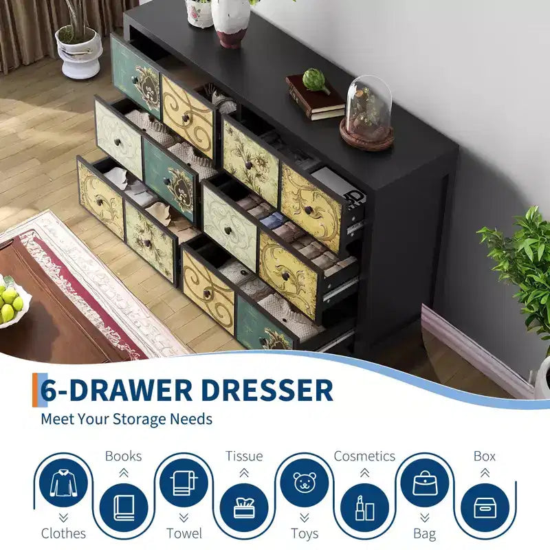 6-Drawer Wooden Dresser, Vintage-Inspired Storage Cabinet for Bedroom and Living Room