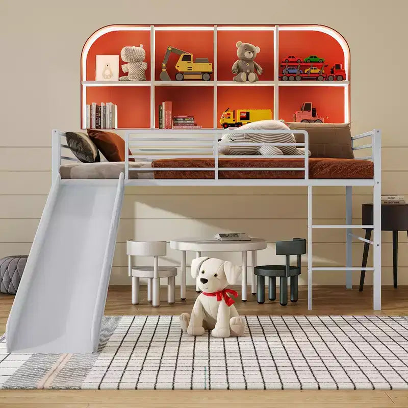 Twin Metal Loft Bed with Slide Guardrails Built-in Ladder Low Bed Frame