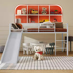 Twin Metal Loft Bed with Slide Guardrails Built-in Ladder Low Bed Frame