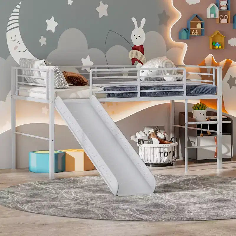 Twin Metal Loft Bed with Slide Guardrails Built-in Ladder Low Bed Frame