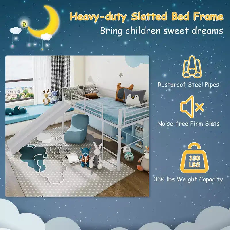 Twin Metal Loft Bed with Slide Guardrails Built-in Ladder Low Bed Frame