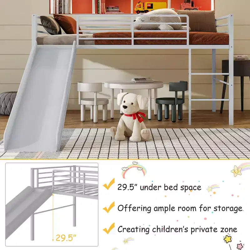 Twin Metal Loft Bed with Slide Guardrails Built-in Ladder Low Bed Frame