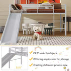 Twin Metal Loft Bed with Slide Guardrails Built-in Ladder Low Bed Frame